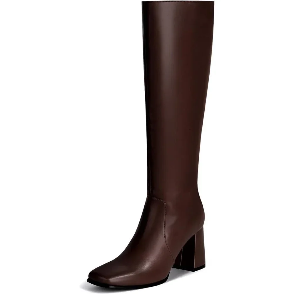Women's Coffee 3.35-inch Square Toe Knee High Boots Chunky Block Heel Tall